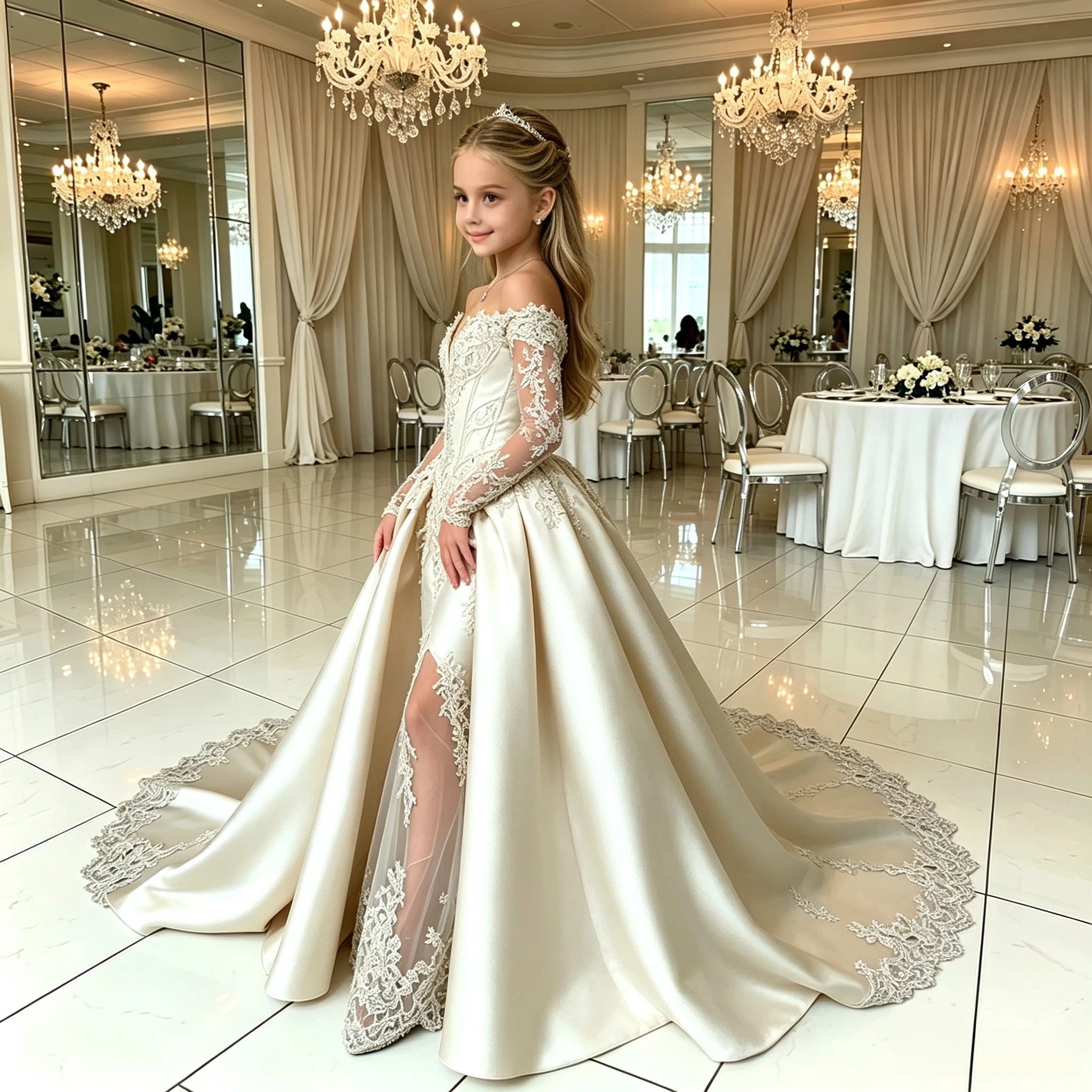 Luxury Ivory Lace Mermaid Flower Girl Dress Long Sleeves Off‑Shoulder Train Princess Dress for Kids Bridesmaid Gala Party