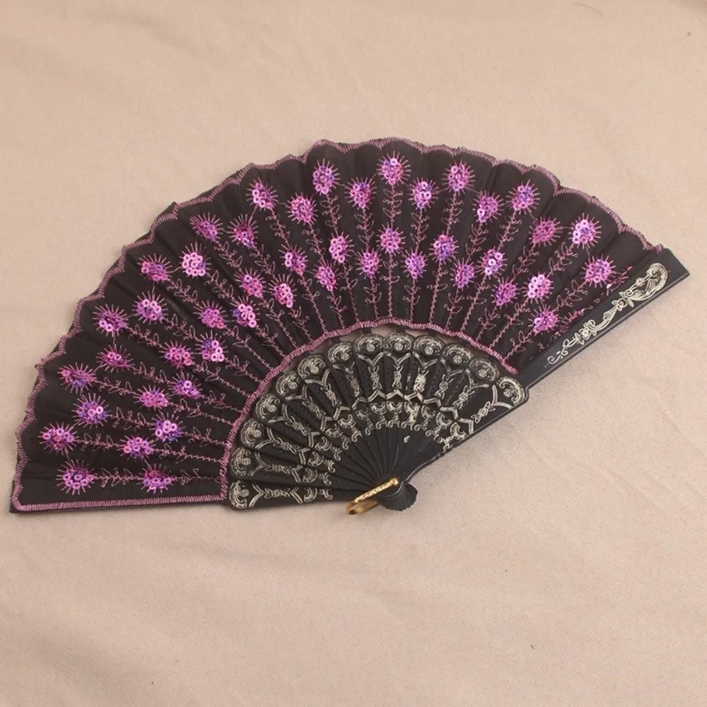 Sequin Embroidery Chinese Folding Fan Folding Peacock Pattern Sequin Fan Handheld Style Plastic Handheld Fan Dance Supplies