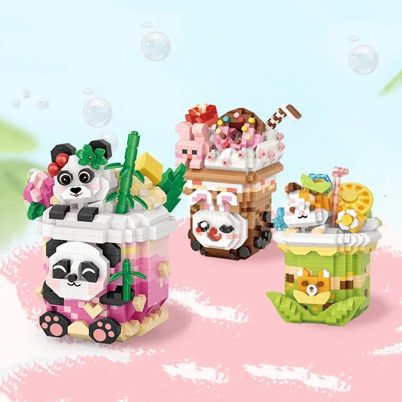 

Cartoon Building Blocks Cute Panda Milk Tea Cup Animal Model Assembled Bricks Children's Toys Girls Gifts Home Decorations