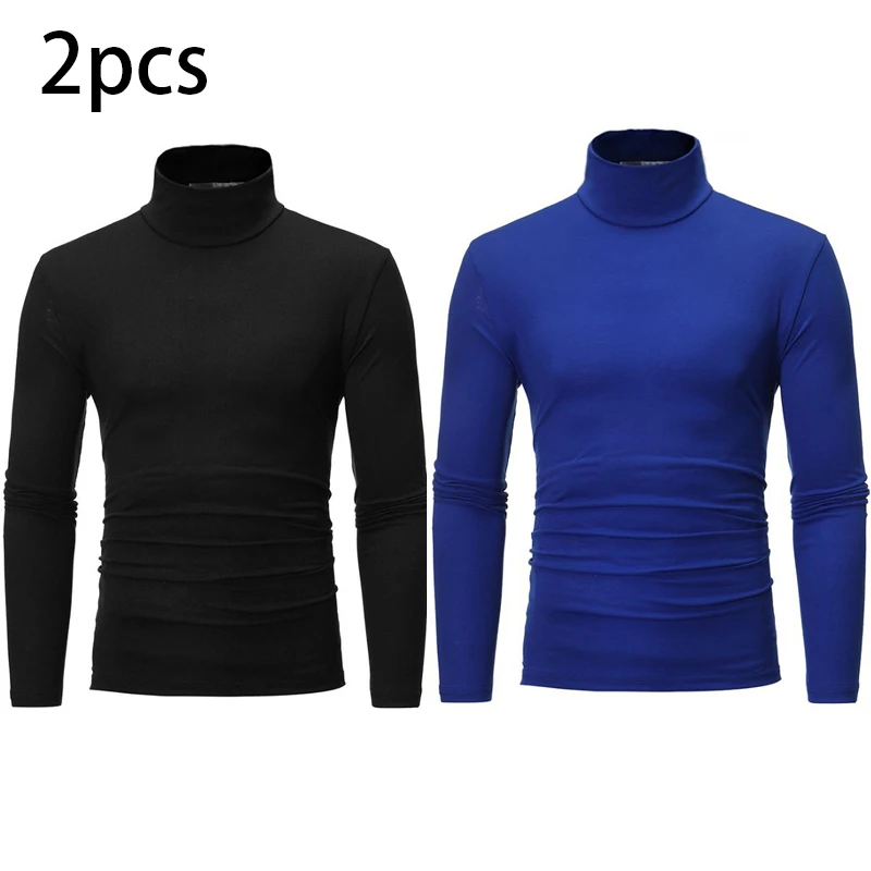 2pcs Men Thin Warm Tops Men's Autumn Long-sleeved Thermal Underwer Male High Collar Fashion T-shirt