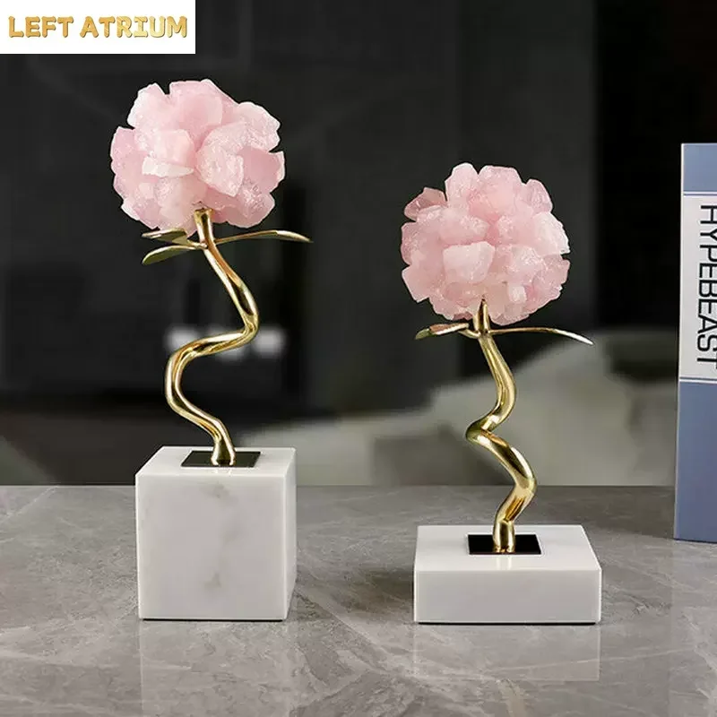 Modern Marble Base Copper Branches Leaves Crystal Flower Ball Crafts Home Livingroom Foyer Decoration Hotel Office Accessories