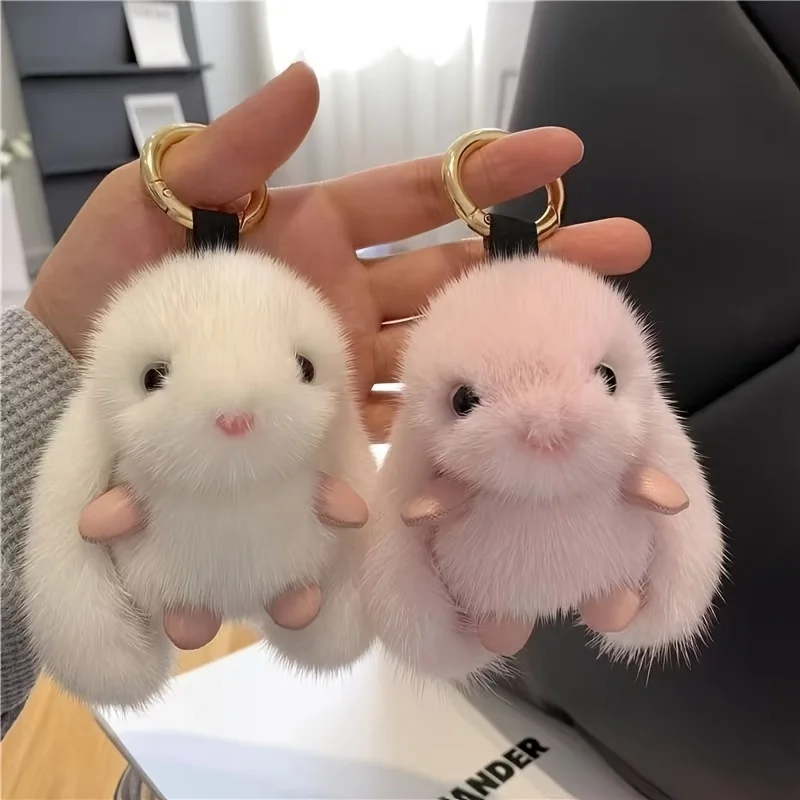 1pc Trendy Plush Rabbit White Pink Keychain for Woman with Cute Charm Soft Decorative Accessory for Bags New Year Gift Body Kit