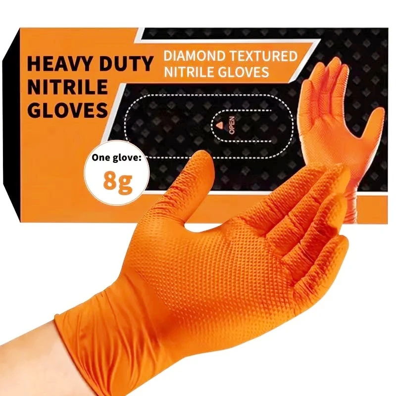 8Mil Heavy Duty Orange Nitrile Gloves Industrial Safety Work Gloves Disposable 3D Diamond Textured Grip for Mechanic Auto Tattoo