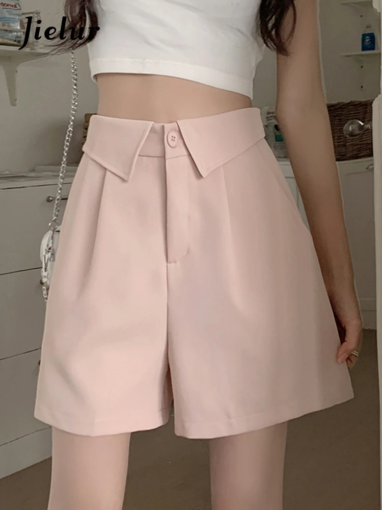 

Jielur Summer Pink Cuffs Female Suit Shorts Chic Office Lady Solid Color Sexy High Waist Casual Women Shorts Fashion Streetwear