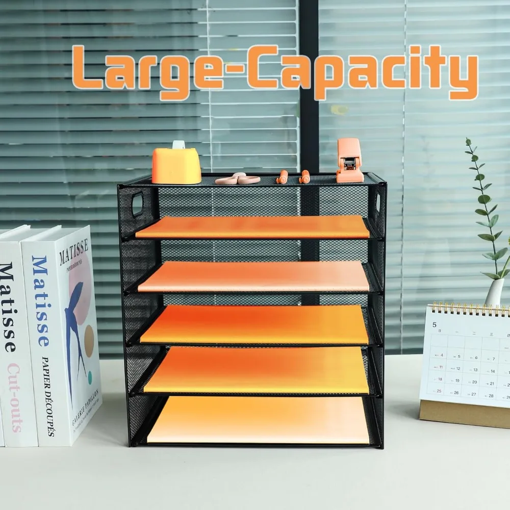 صينية حروف ورقية مكونة من 5 طبقات مع مقبض، منظم ملفات مكتب شبكي معدني مع صواني، صواني حفظ الملفات المكتبية الورقية مقاس A4، وثنائي المجلات