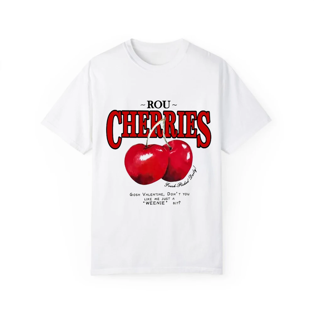 Rou cerises graphique femmes T-Shirt coton Kawaii mignon décontracté ample surdimensionné fruits femme T-Shirt manches courtes haut d'été