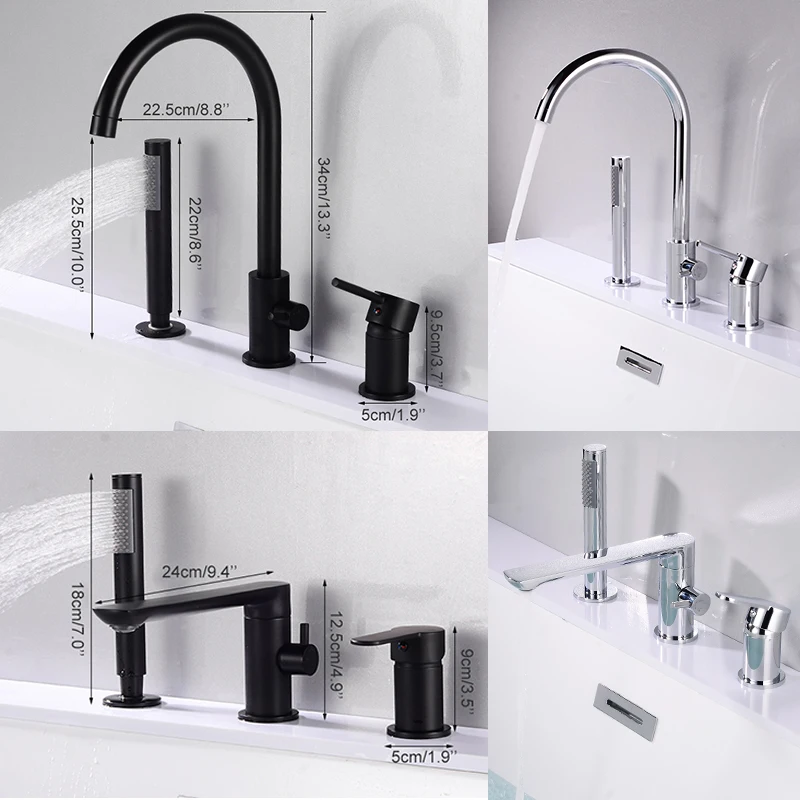 ELLEN Bathtub Faucets 3 Holes Black Hot Cold Bath Shower Faucet with Hand Shower Deck Mounted Water Mixer Crane ELB103