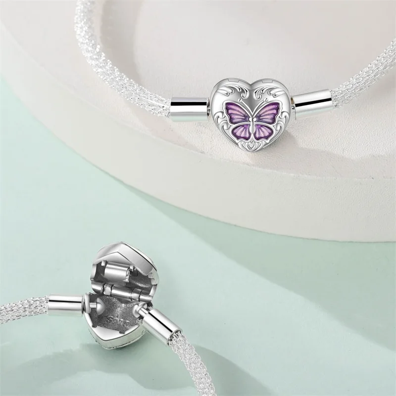 Original 925 Sterling Silver Family Flower Heart Clasp Snake Chain Bracelet Fit Original Charms Fashion Jewelry Gift for Friends