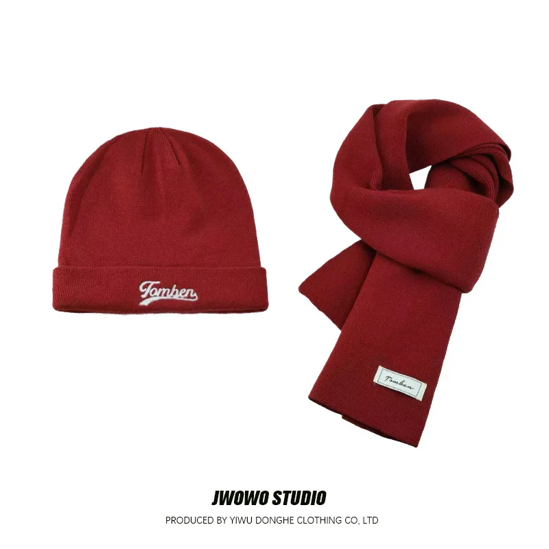 

2PC/Set Embroidered Knitted Pullover Hat Women Winter Scarf Hat Set Fashion Korean Thickened Warm Outdoor Casual Red Woolen Hats