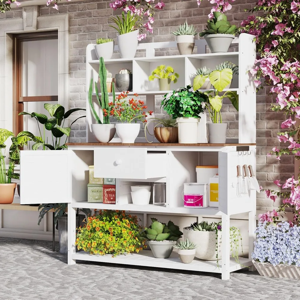 

Solid Wood Potting Bench Garden Workstation with Hutch, Drawer & Adjustable Shelves, 50.2x19.7x66.1 Inch Outdoor Garden Work Tab