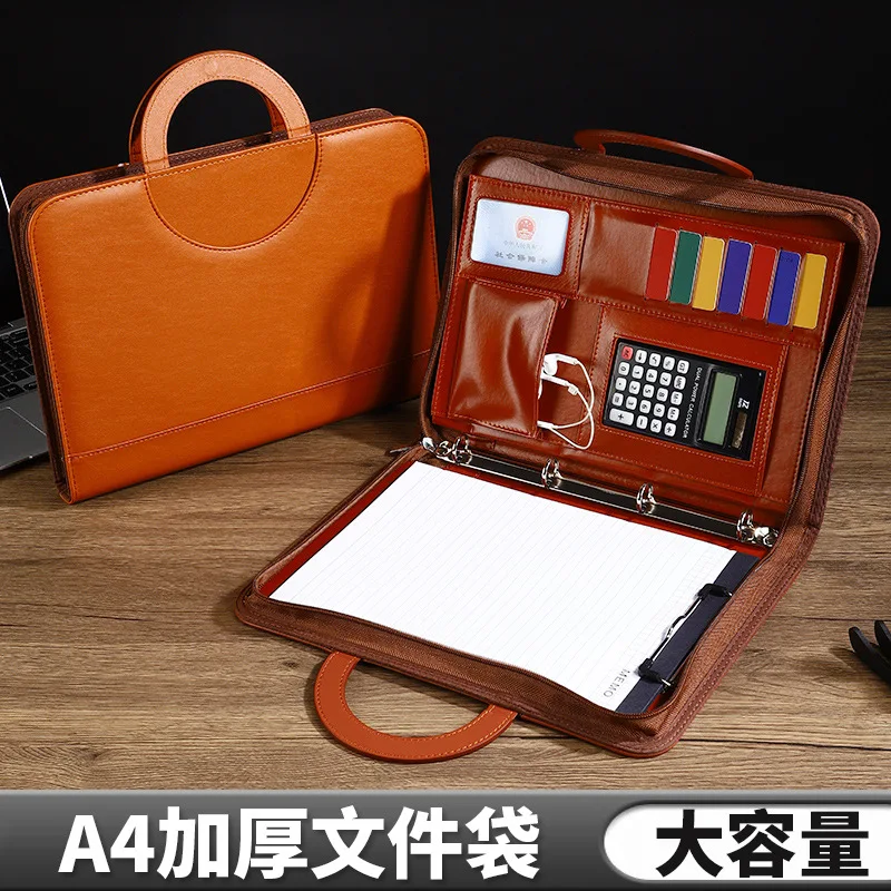 A4 Leather Folder Zipper Bag Business Manager Clip Sales Department Measurement Book Calculator Handheld Briefcase