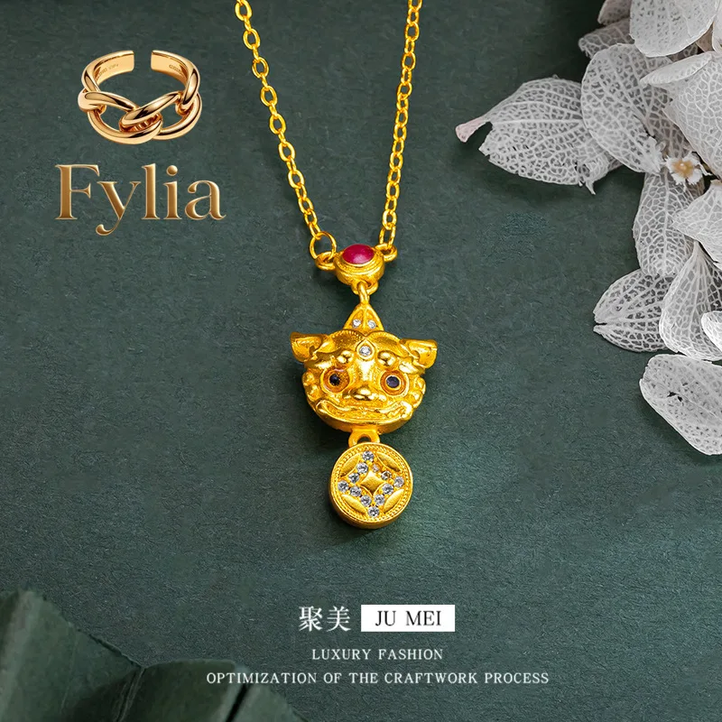 Fylia Jewelry  Light luxury 24K real gold set diamond Zhaochai pixiu bracelet set chain au9999 pure gold senior sense hand decor