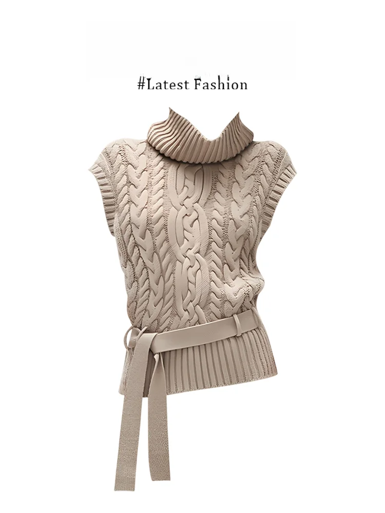 Women's Knitted Sweater Vest Winter Fashion High Collar Sleeveless Twist Flower Patterned Belted Short Top Street Style Loose...