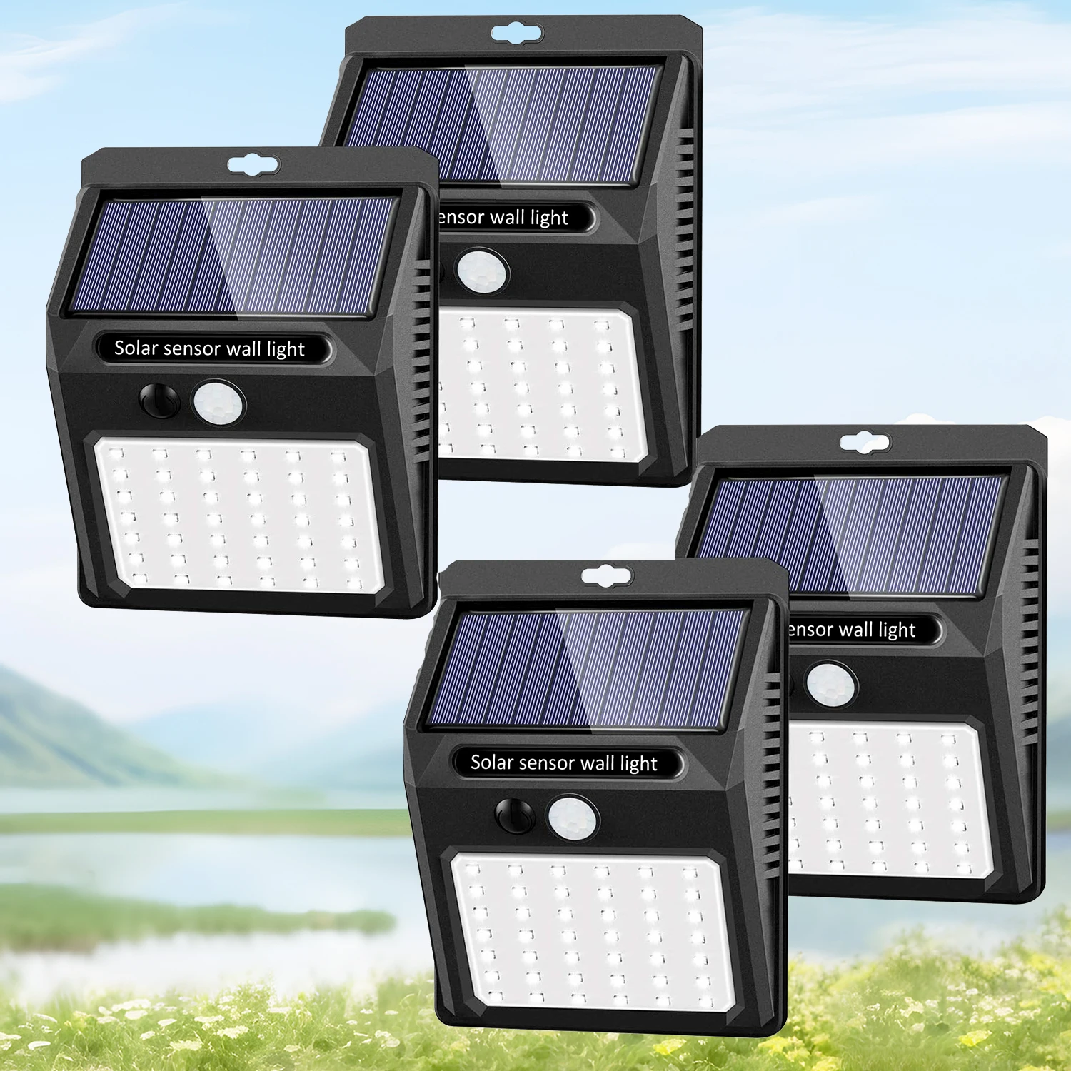 

Solar Outdoor Lights - 4 Pack Motion Sensor Safety Lights with 3 Lighting Modes for Garden Fence, Patio Deck, Garage.