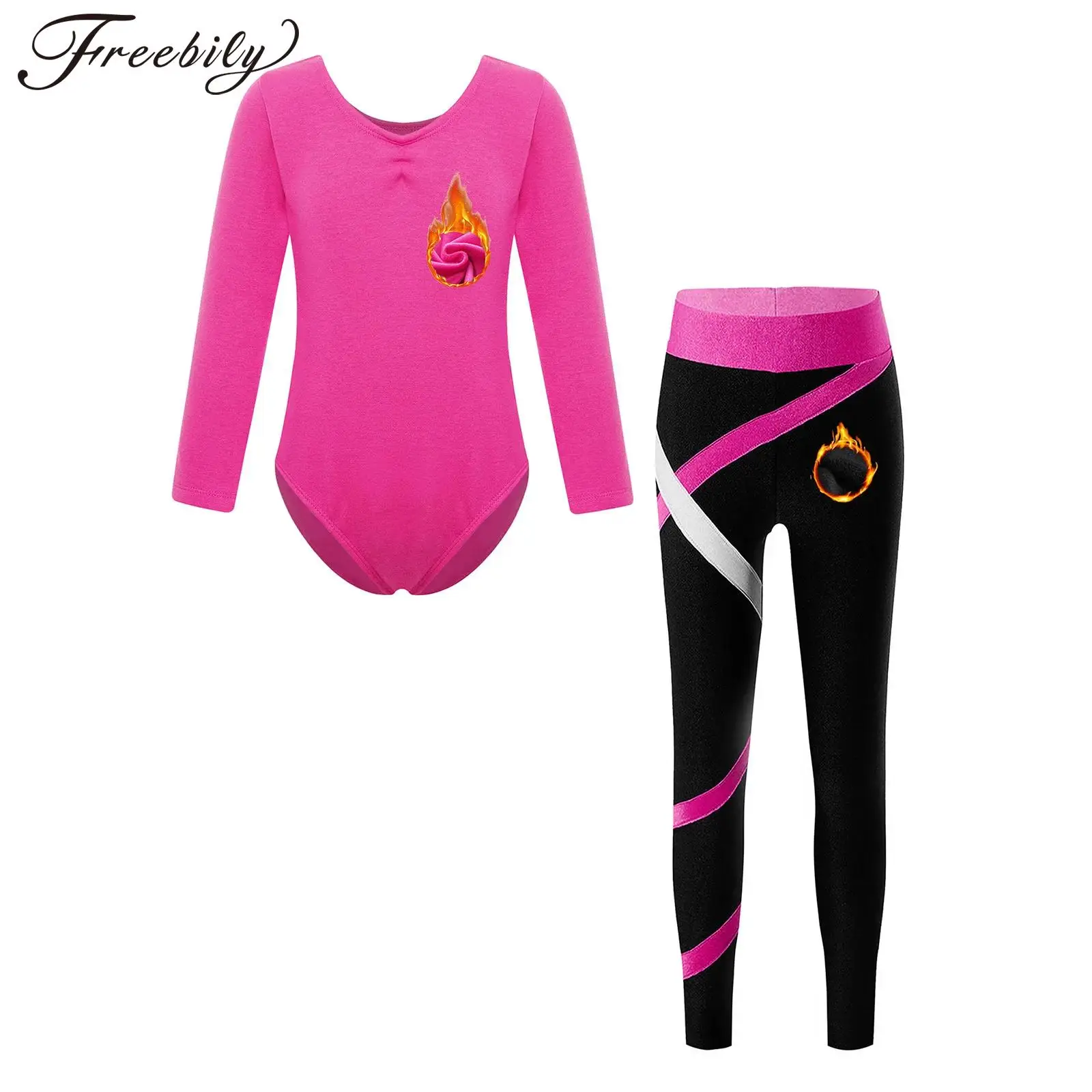 Kids Girls Ballet Figure Skating Dance Bodysuit Fleece-Lined Outfit Long Sleeve Gymnastics Leotard with Leggings Dancewear Set