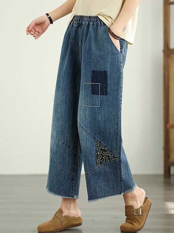 

Джинсы с завышенной талией, лоскутная вышивка, выцветшие прямые повседневные брюки, большие размеры, женские джинсы свободного покроя с эластичной резинкой на талии