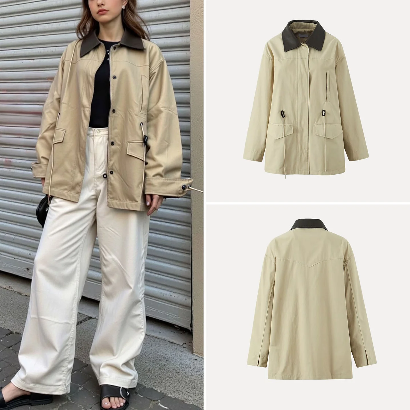 

Casual Retro Patchwork Leather Collar Windbreaker Coat Women's Faion Autumn 2025 Z Commute Sle Loose Fit Long Sve