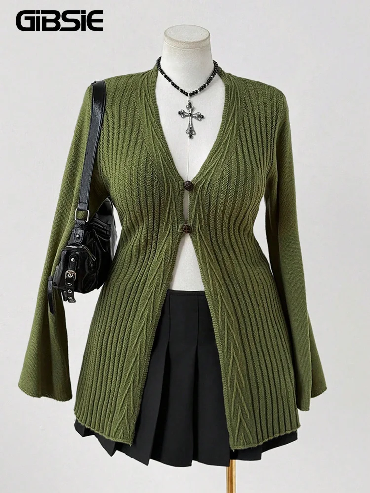 

GIBSIE Plus Size Deep V-Neck Bell Sleeve Knitted Cardigan Women 2025 Autumn Winter Solid Casual Slim Fit Button Cardigan Coat