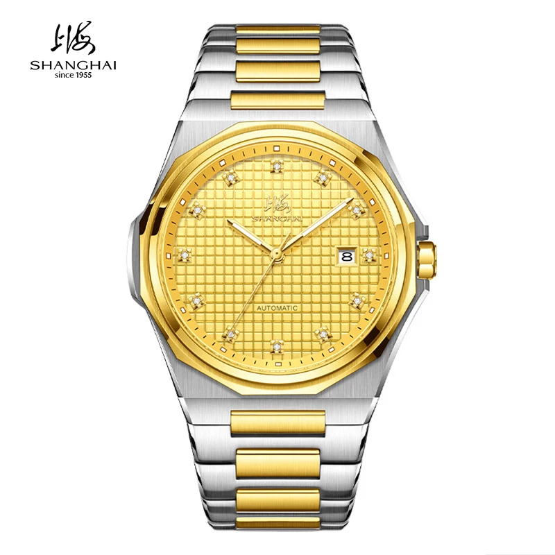 SHANGHAI Watch 24K Gold Men's Luxury Mechanical Watch 41mm Calendar Automatic Watches 316L Stainless Steel Diamond Luminous 8004