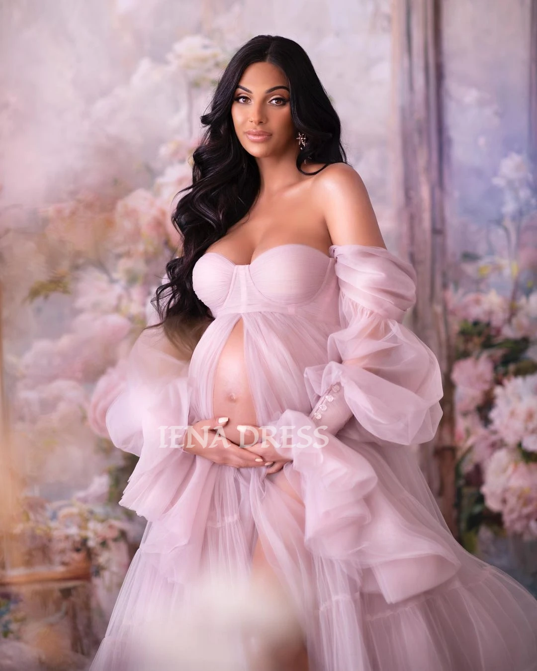 Romantic Pink Sheer Photography Maternity Dress for Wedding Open Belly Off-shoulder Puff Sleeved Pregnancy Baby Shower Gown