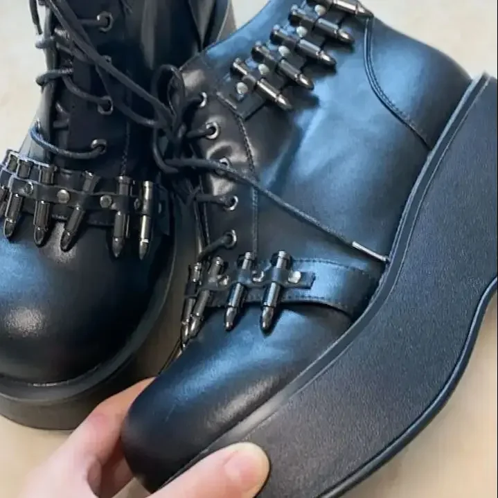 Ankle High Heels Army Chunky Sneakers Women Side Zip Lace Up Creepers Combat Shoes Boots Round Toe Fur Lined Military Leisure