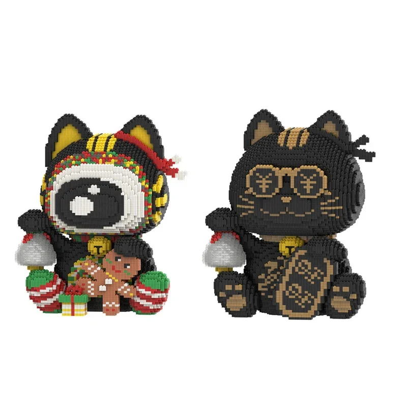 

Funny Black Lucky Cat Building Block Maneki Neko 3D Model Kawaii Animal Assembly Connection Brick Figure Toy for Kids Gifts