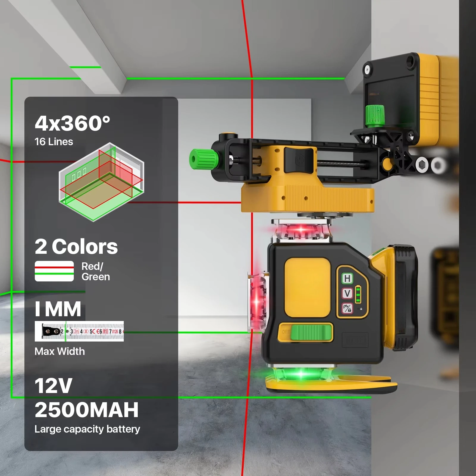 Laser Level 360 Self Leveling 12V Lithium Battery Laser Leveling Tools Green+Red Dual-colored Lines