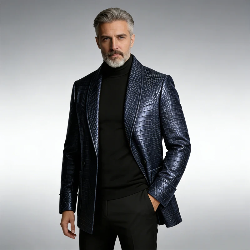 Men's Crocodile Pattern Leather Blazer 1 Button Shawl Collar Tuxedo Jacket Formal Business Wedding Coat Luxury Suit Outerwear