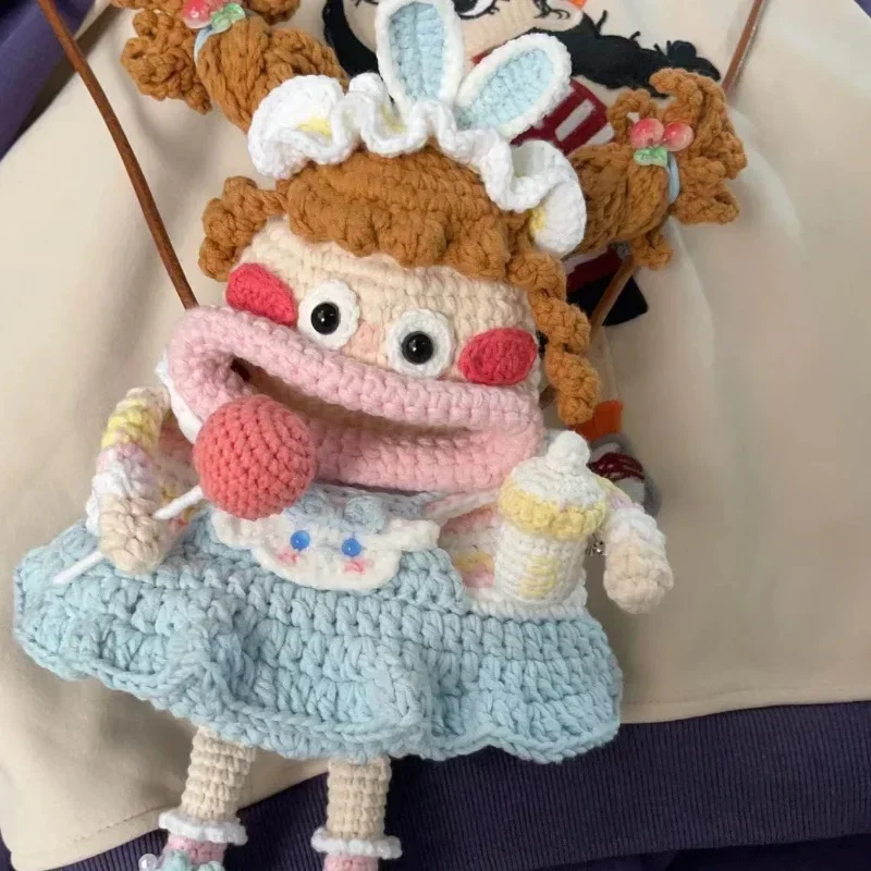 No-finished Product Lollipop Sweet Girl Sausage Mouth Mobile Phone Handmade DIY Crochet Cute Big Bag Ugly  Doll Woolen Crossbody