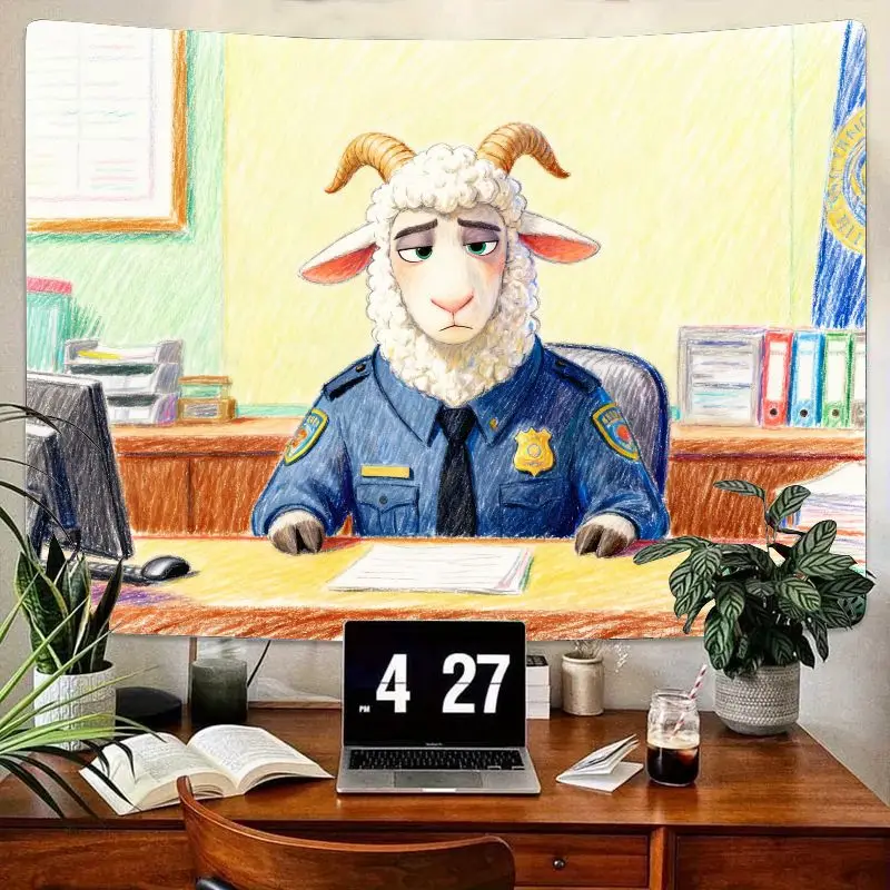 

1 шт., офицер зоотопии, шерстяной овец, полицейский гобелен, современный полиэстер, мультяшный настенный художественный декор для гостиной, спальни, общежития, подарок.