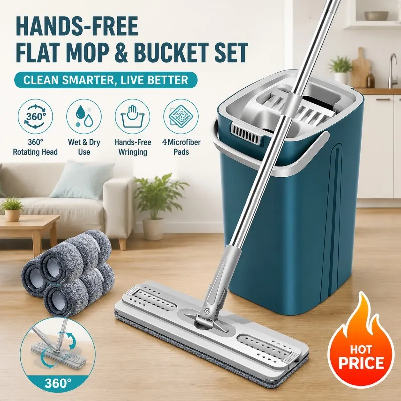 Hands-Free Microfiber Flat Mop with Bucket Set, 360° Rotating Wet & Dry Use 2 Pads for Home Kitchen Bathroom Floor Tile Cleaning
