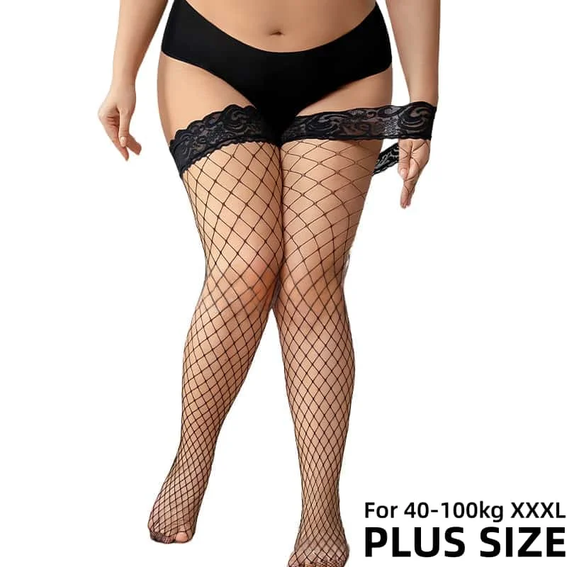 

Oversized Woman Sexy Lace Top Silicone Stay Up Fishnet Stockings Plus Big Size Women Ultra Thin Sheer Long Over Knee Socks XXXXL