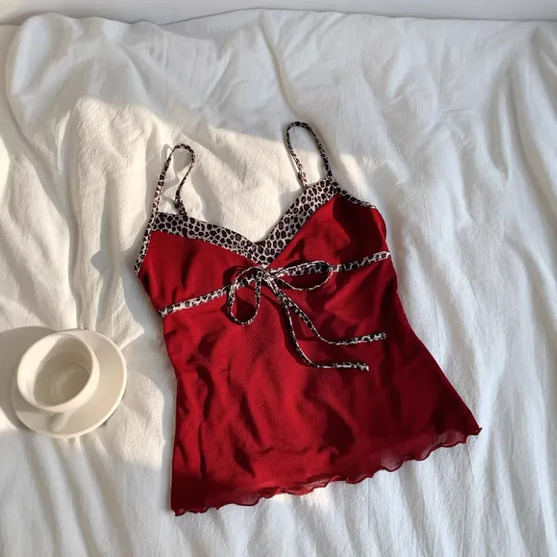 Sleepwear Camisole Leopard Print V Neck Tank Top Slim Fit Tie Front Sleeveless Top Cropped Vest Black Red Spaghetti Straps 5