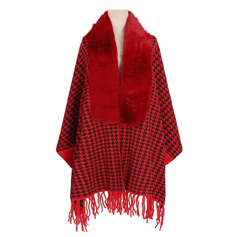 Autunno inverno nuovo colletto di lana imitazione scialle lavorato a maglia donna nappe calde Poncho manica lunga mantelle da donna mantelli rosa