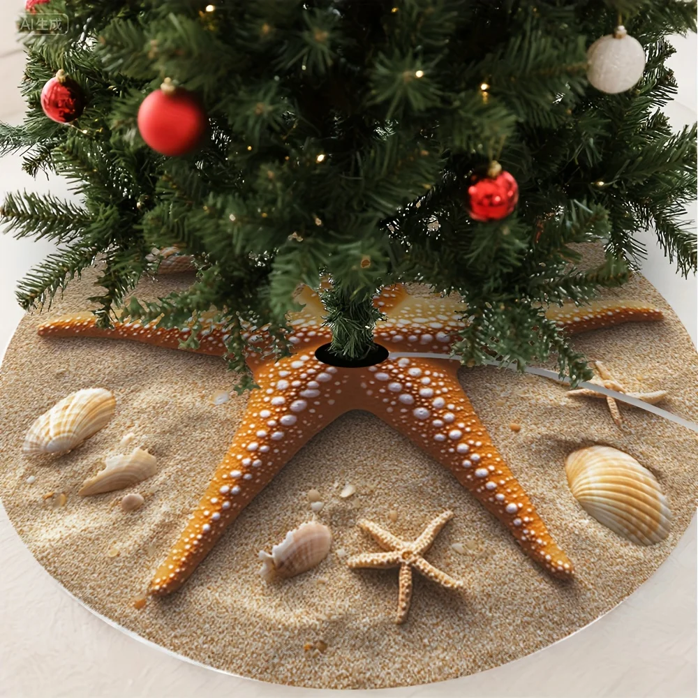 VIKAMA Beach-Themed Christmas Tree Skirt Featuring Realistic Starfish Shells and Sandy Texture Indoor/Outdoor Holiday Decor