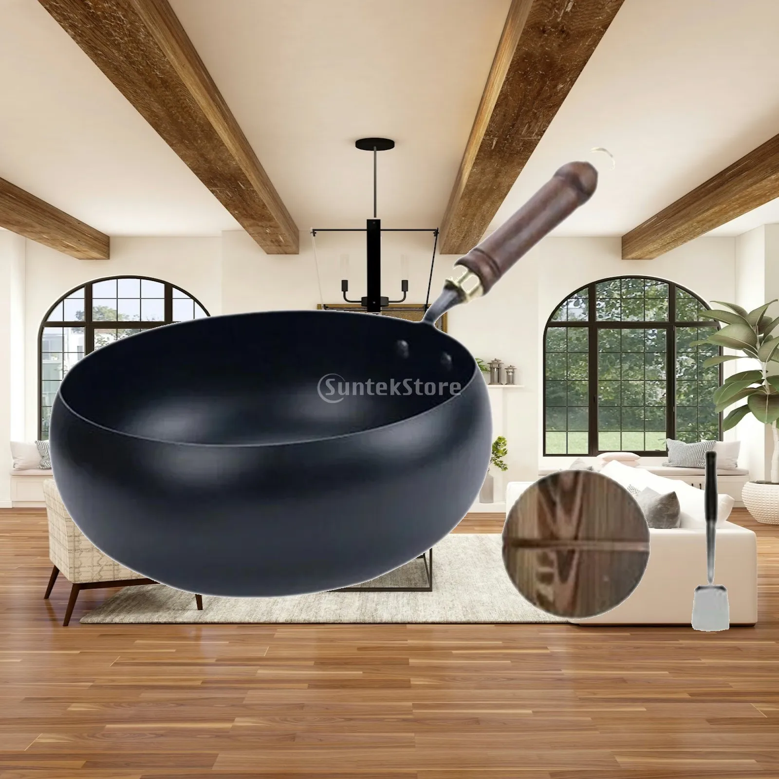 Iron Wok Cooking Sautee Cookware Uncoated Hand Hammered with Comfortable Handle Boiling General Round Bottom Pot Frying Pan