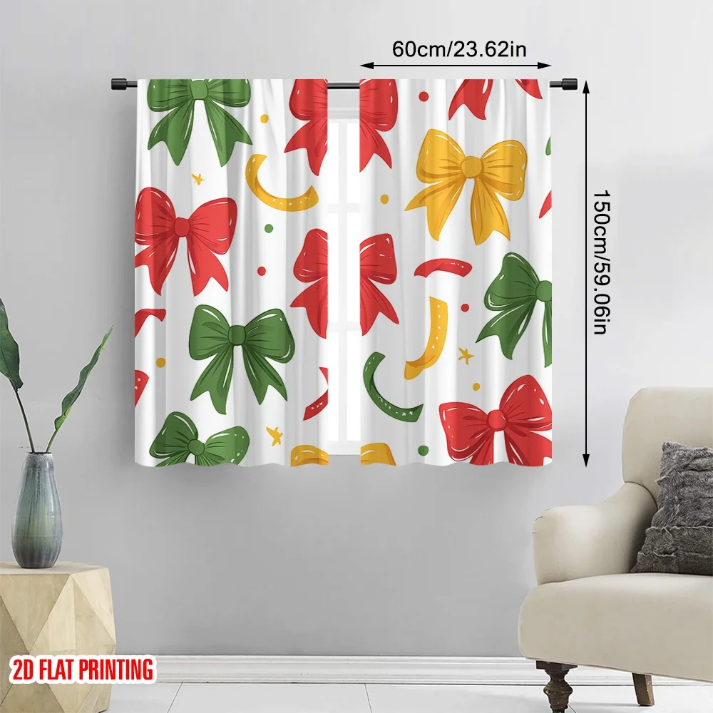 2pcs,2D plane printing Curtains Christmas Bows Ribbons Gift (4) Versatile Durable Polyester (without rod) Gifts for Bedroom and