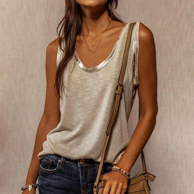 New Summer Contrast Stitching Women Tank Tops O Neck Sleeveless Shirt Women\'s Top Elegant Clothes Summer Loose Tops Women 2024