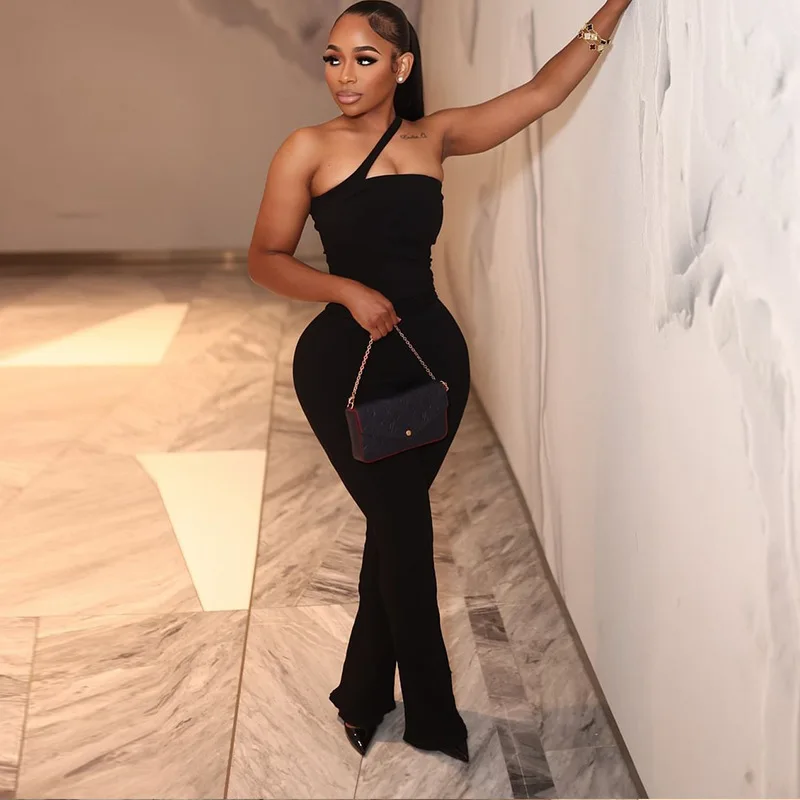 

Wind Women's Micro Elastic Backless Fashion Sexy Solid Color Long Sleeveless Diagonal Shoulder Strap Thin Jumpsuit