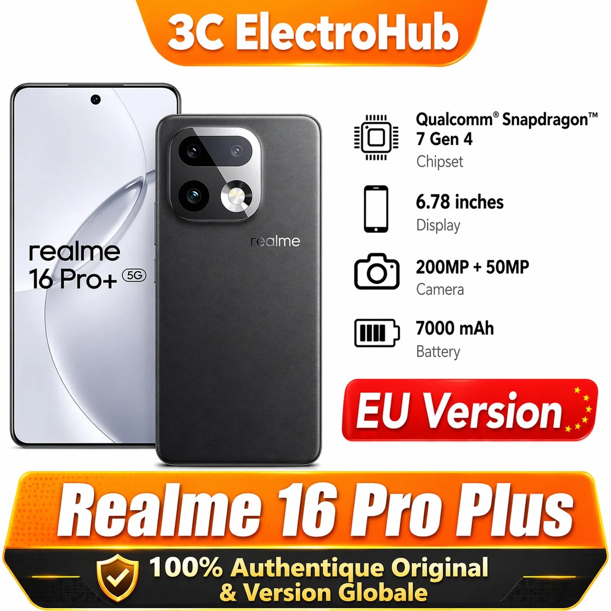 ?EU Version?Realme 16 Pro Plus 5G Smartphone 12+512GB Gris, AMOLED 144Hz, 7000mAh, 80W SuperVOOC, 50+200MP, Snapdragon 7 Gen 4, L