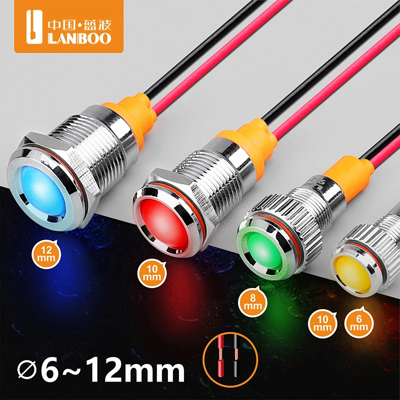 LANBOO 6mm 8mm 10mm 12mm Metal Indicator Lamp  red green blue yellow single LED with 12V 24V 220V