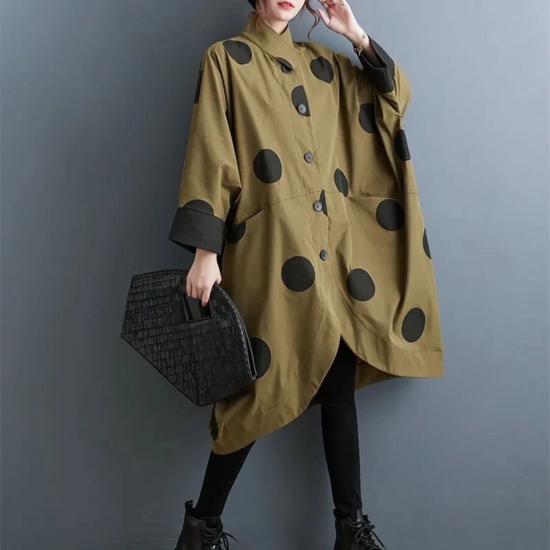 

2024 New Polka Dot Trench Coat Women Vintage Autumn Loose Ladies Outwear Casual Trench Coats Fashion Woman Long Jacket Coat