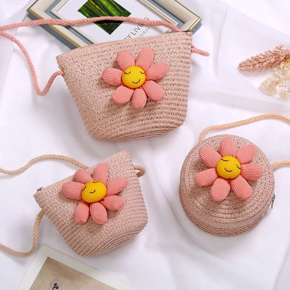 Girl Flower Straw Bag Cute Zipper Coin Purse Crossbody Handbag Handmade Woven Photo Props Kid Beach Bags