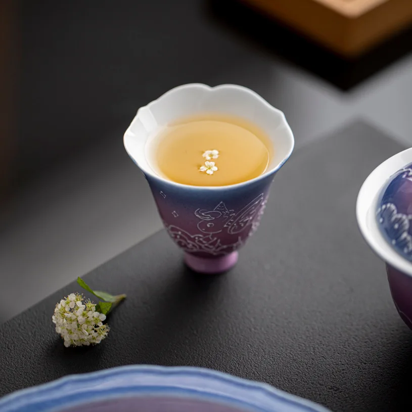 Horse Year Underglaze Pure Hand Drawing Tianma Hukou Tea Cup Gradient Purple Color Fragrance-Smelling Kung Fu Set