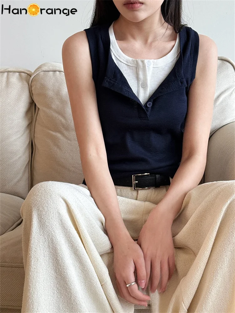 

HanOrange 2025 Women Spring Summer Slimming Button Tank Women Threaded Half Breasted Sleeveless Top Navy Blue/Gray/White/Black