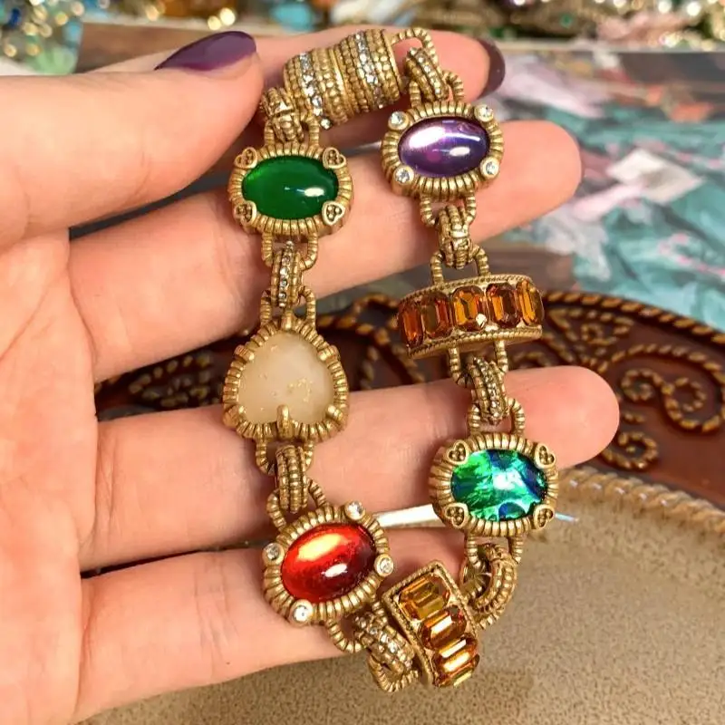 Antique Style Bracelet Colored Glass Inlaid Retro Universal Buckle Medieval Bracelet Vintage Gold Multicolor Gemstone Chain