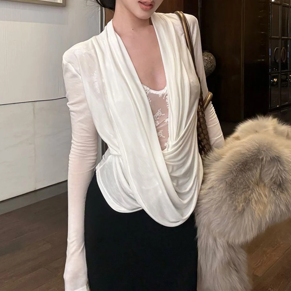 

lace mesh cross swinging collar slimming top 2025 early spring new product perspective sexy spicy girl long sleeved T-shirt