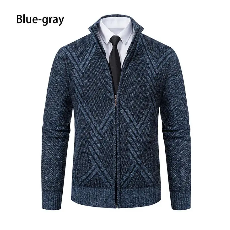 2024 Winter Men\'s Open Collar Wool Zipper Sweater Stand Collar Slim Knitted Sweater Coat Warm Jacket Solid Color Men\'s Clothing