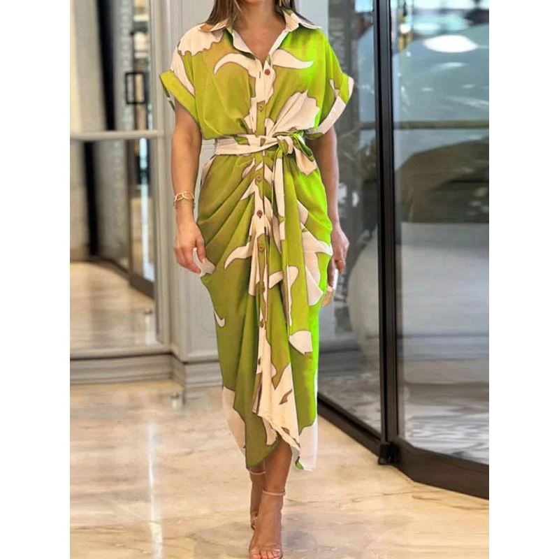 

TOY-2025Women's ClothingINSTurn-down Collar Mid-length Short Sleeve Single-breasted High-waist Shirt Spring Dress