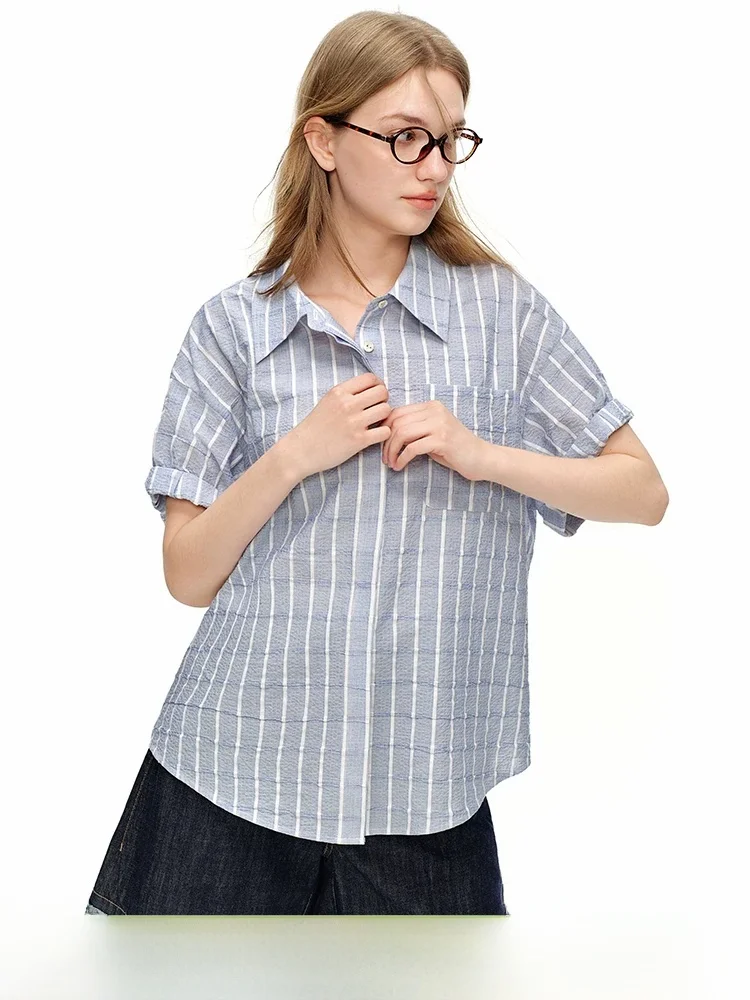 

Simple Stripe Women's Shirt Short Sleeve Beach Vacation Top Cotton Breathable Summer 2026 New Arrival Haian Sakura Brand